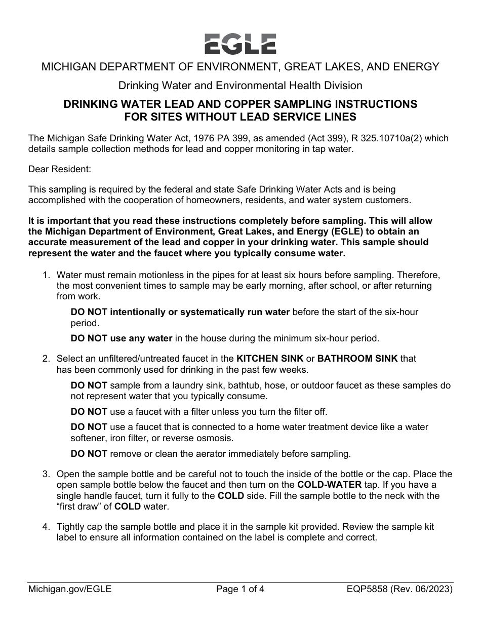 Form EQP5858 Drinking Water Lead and Copper Sampling Instructions for Sites Without Lead Service Lines - Michigan, Page 1