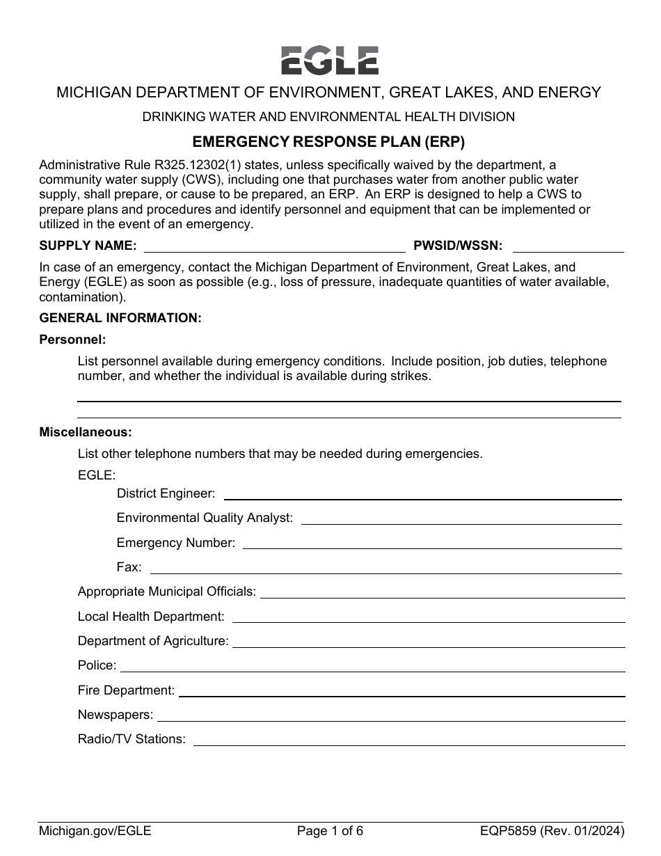 Form EQP5859 Emergency Response Plan (Erp) - Michigan, Page 1