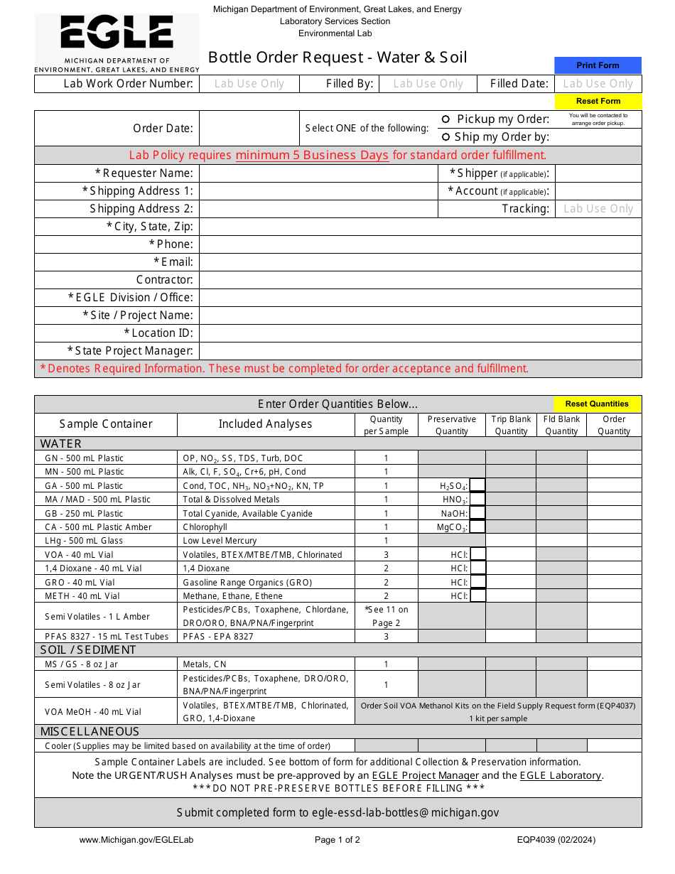 Form EQP4039 Bottle Order Request - Water  Soil - Michigan, Page 1
