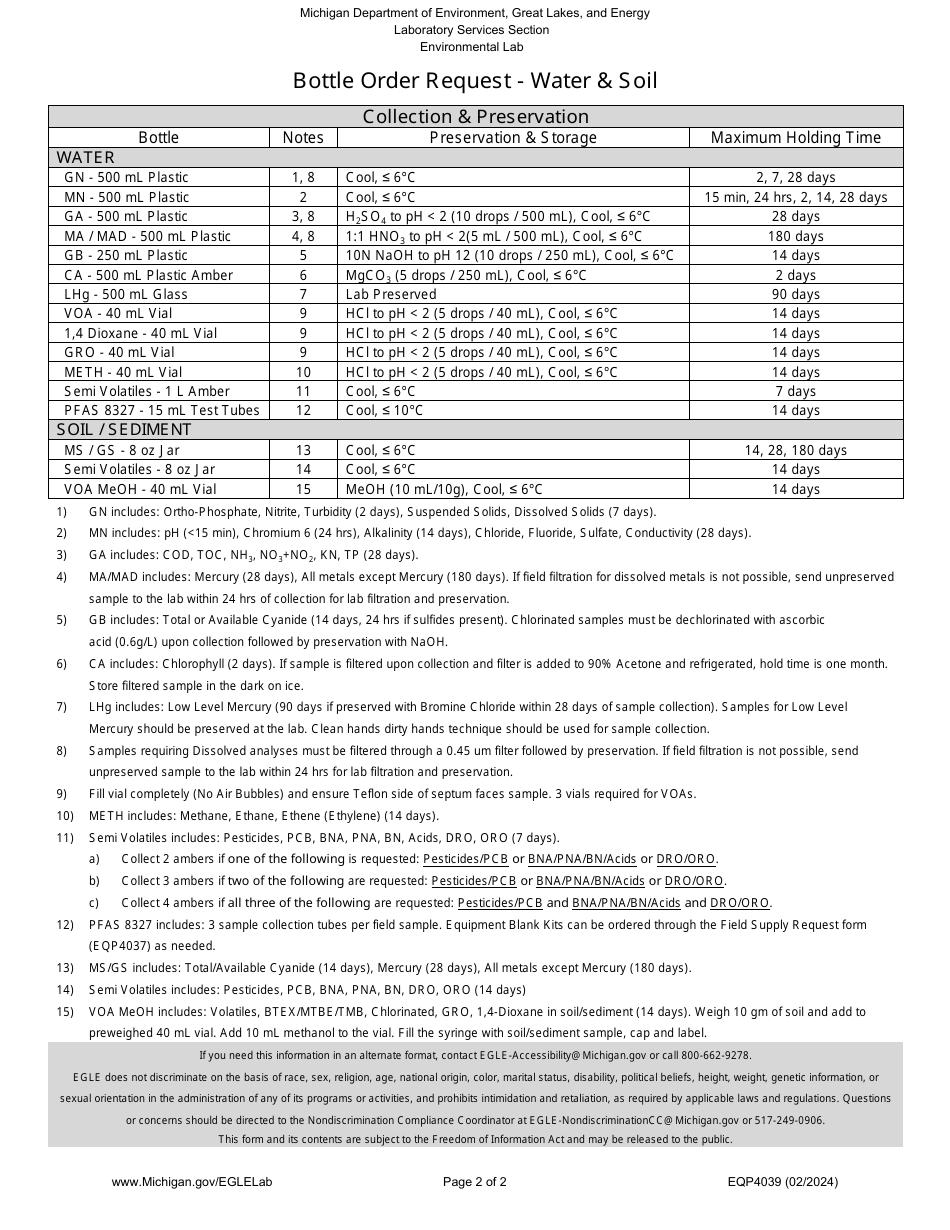 Form EQP4039 Bottle Order Request - Water  Soil - Michigan, Page 2