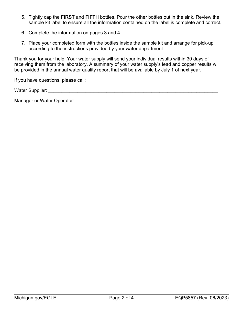 Form EQP5857 Drinking Water Lead and Copper Sampling Instructions for Sites With Lead Service Lines - Michigan, Page 2