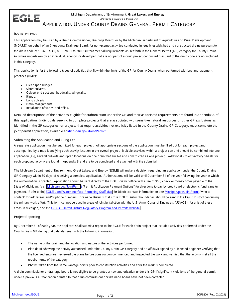 Form EQP9220 Application Under County Drains General Permit Category - Michigan, Page 1