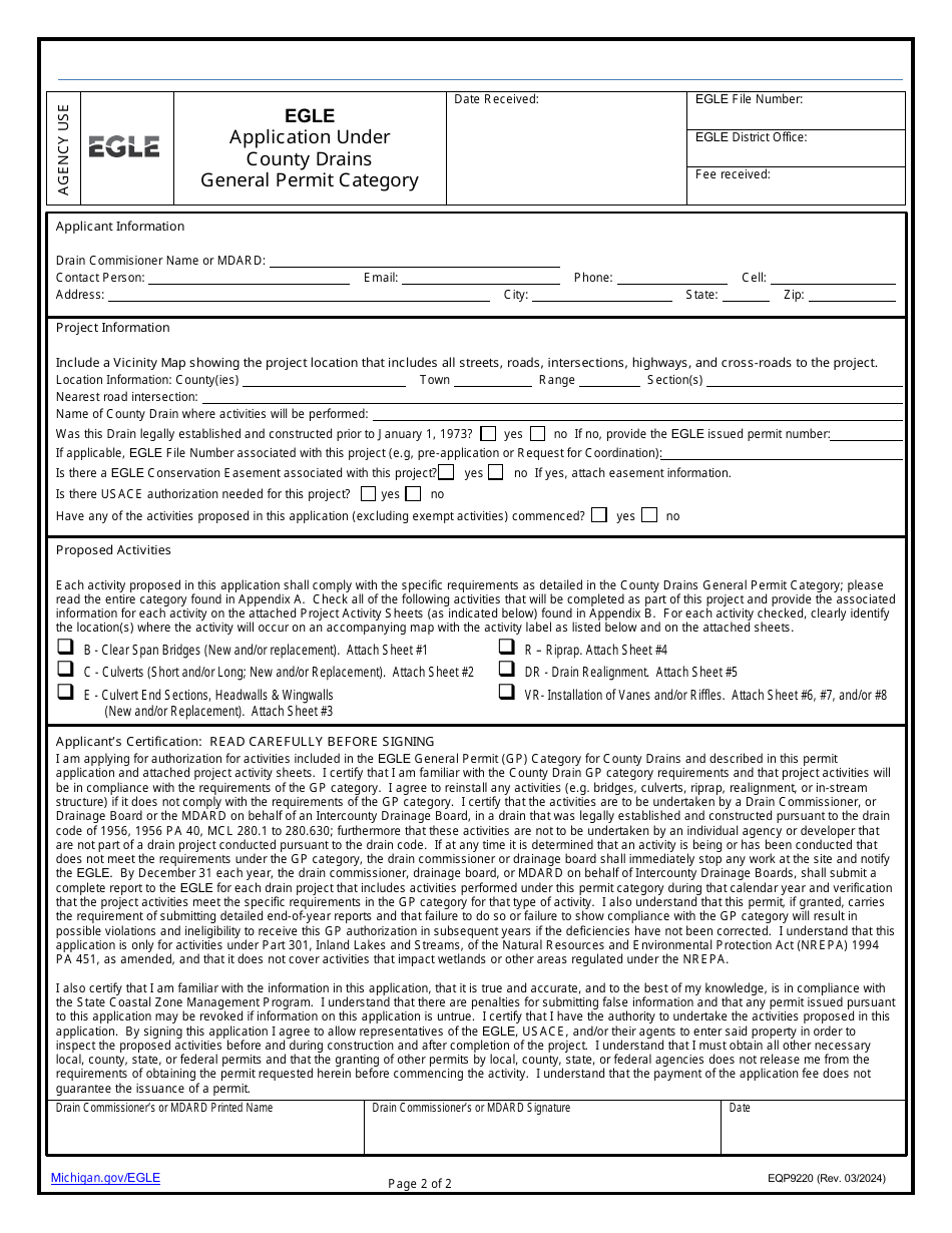 Form EQP9220 Application Under County Drains General Permit Category - Michigan, Page 2