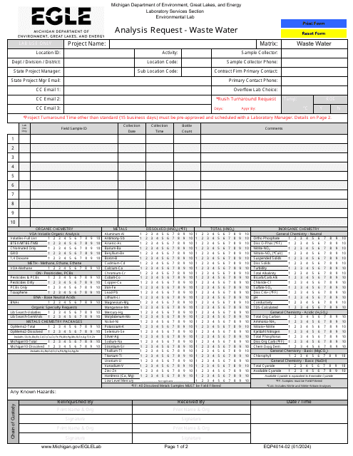 Form EQP4014-02 Analysis Request - Waste Water - Michigan