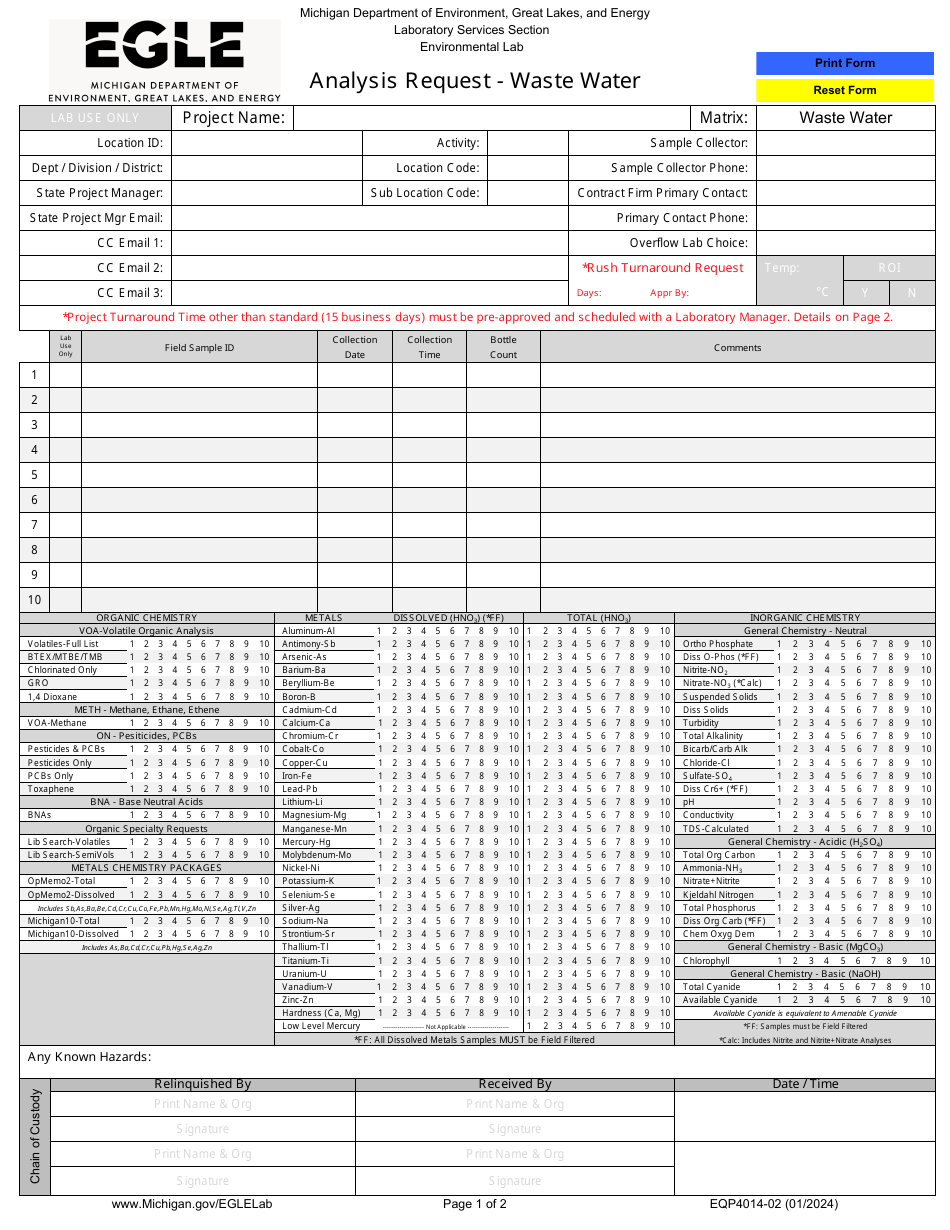 Form EQP4014-02 Analysis Request - Waste Water - Michigan, Page 1