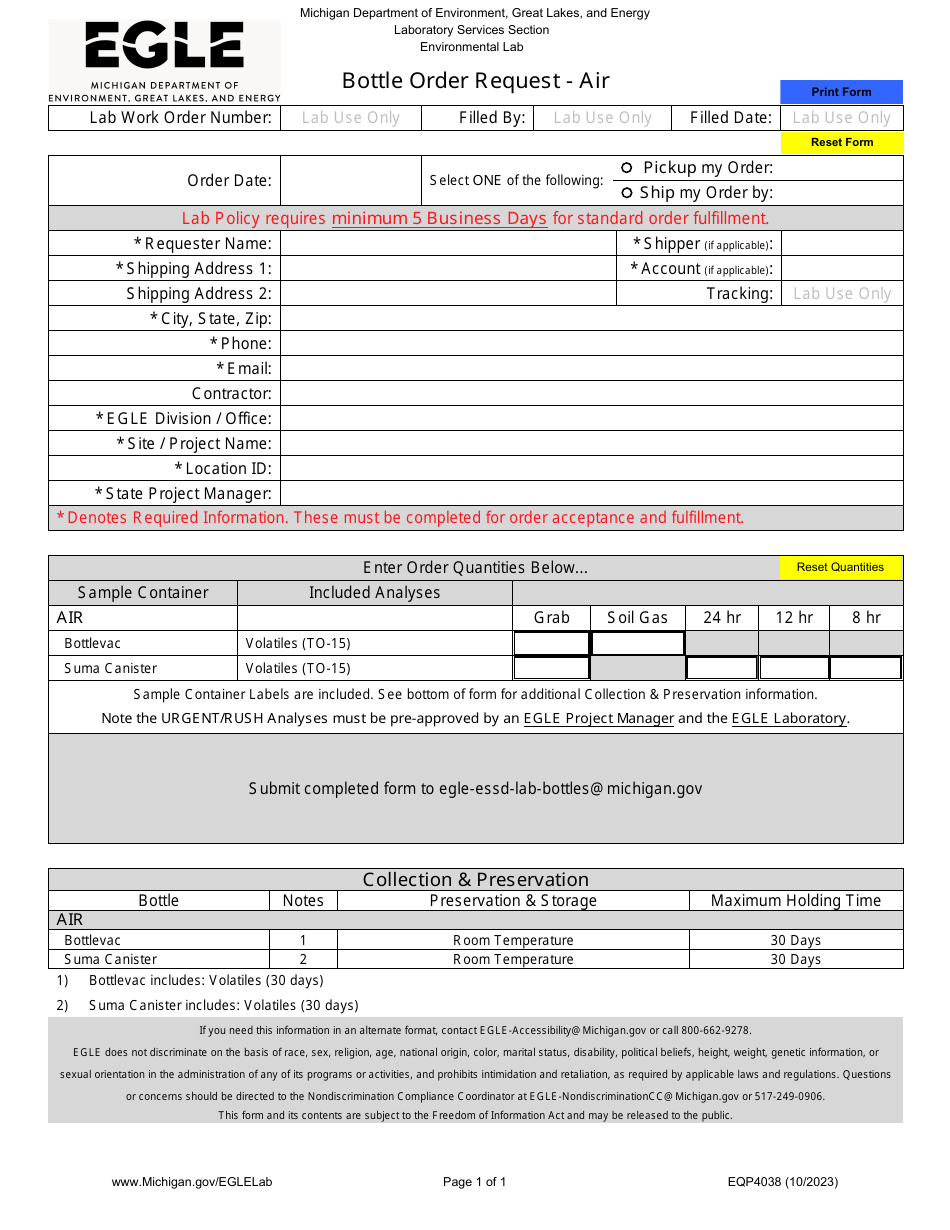 Form EQP4038 Bottle Order Request - Air - Michigan, Page 1