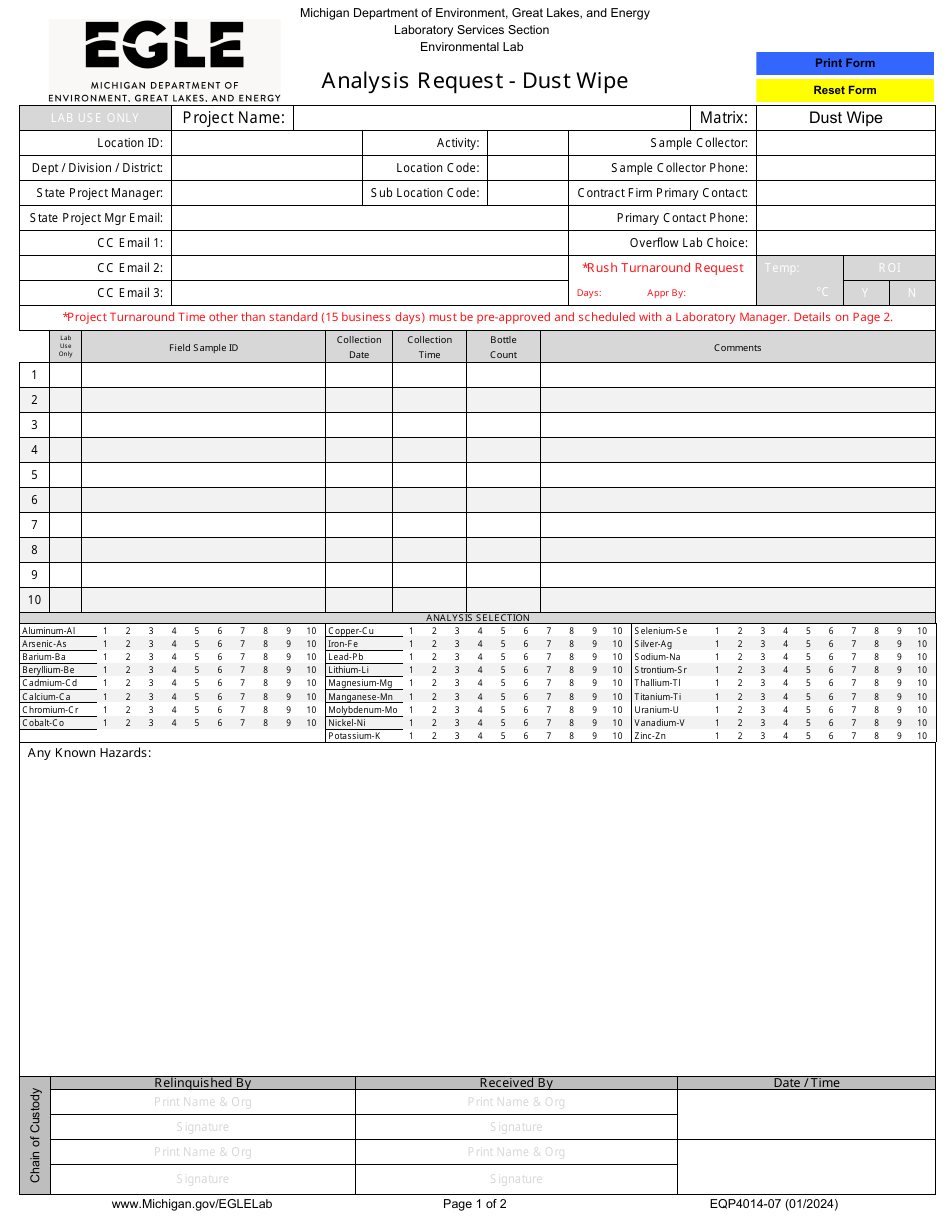 Form EQP4014-07 Analysis Request - Dust Wipe - Michigan, Page 1