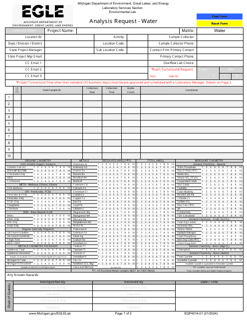 Form EQP4014-01 Analysis Request - Water - Michigan