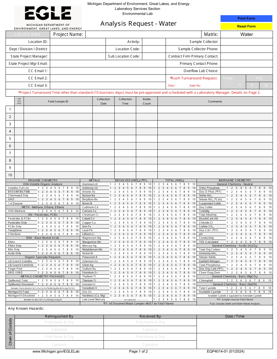 Form EQP4014-01 Analysis Request - Water - Michigan, Page 1