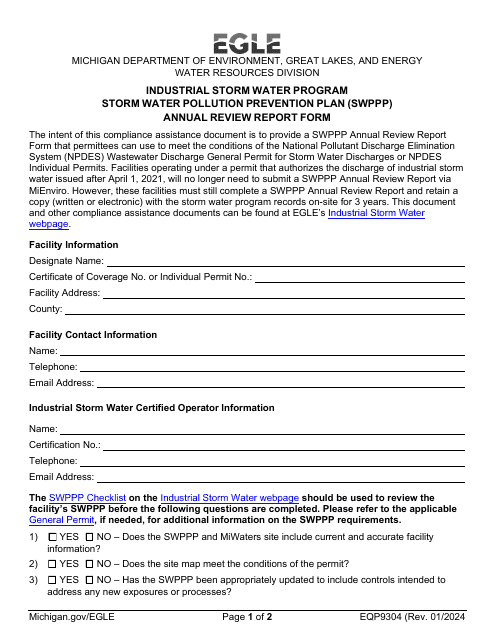 Form EQP9304 Storm Water Pollution Prevention Plan (Swppp) Annual Review Report Form - Industrial Storm Water Program - Michigan