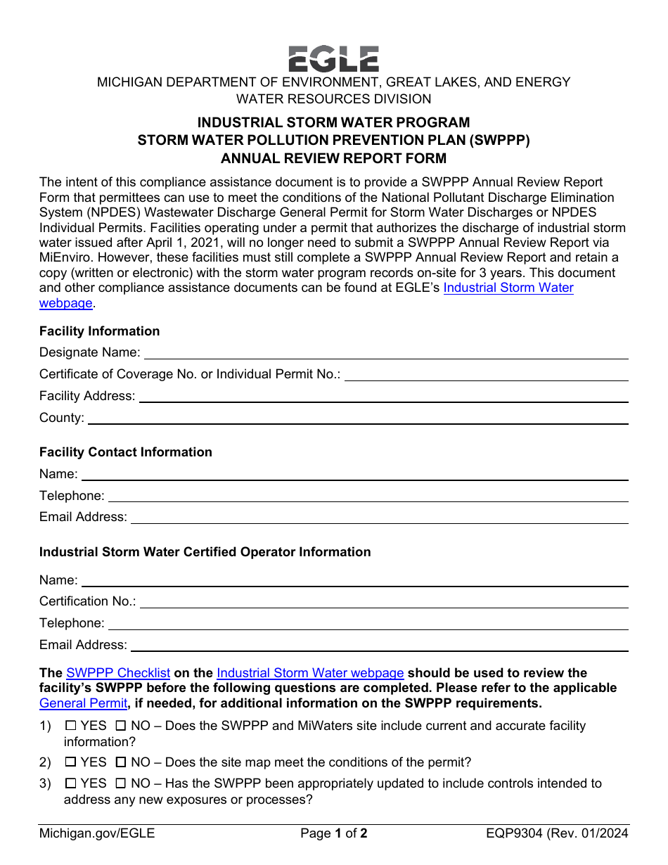 Form EQP9304 Storm Water Pollution Prevention Plan (Swppp) Annual Review Report Form - Industrial Storm Water Program - Michigan, Page 1