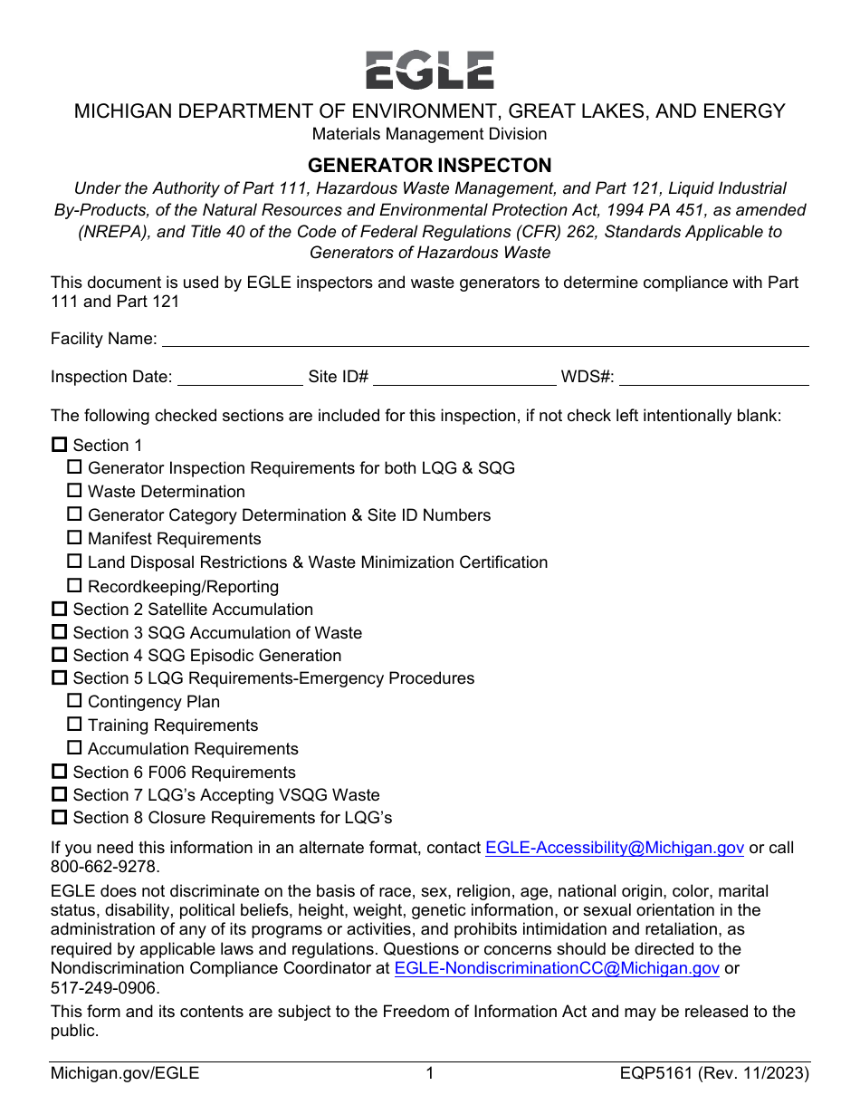 Form EQP5161 Generator Inspecton - Michigan, Page 1