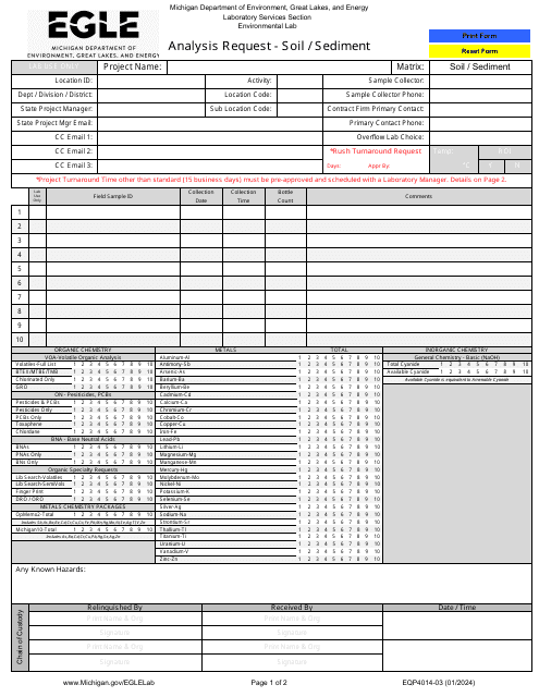 Form EQP4014-03 Analysis Request - Soil/Sediment - Michigan