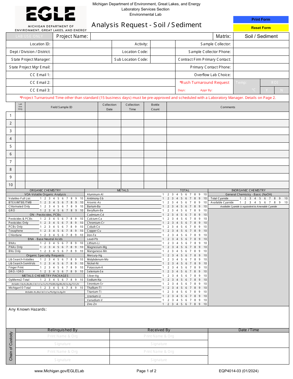 Form EQP4014-03 Analysis Request - Soil / Sediment - Michigan, Page 1