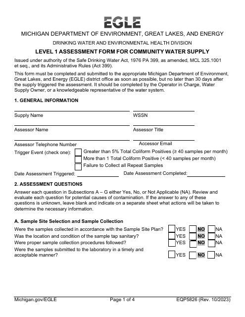 Form EQP5826 Level 1 Assessment Form for Community Water Supply - Michigan