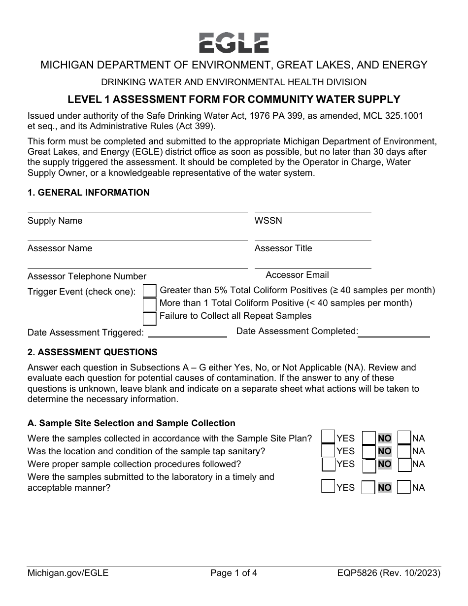 Form EQP5826 Level 1 Assessment Form for Community Water Supply - Michigan, Page 1