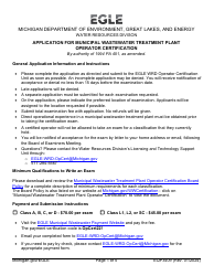 Document preview: Form EQP3409 Application for Municipal Wastewater Treatment Plant Operator Certification - Michigan
