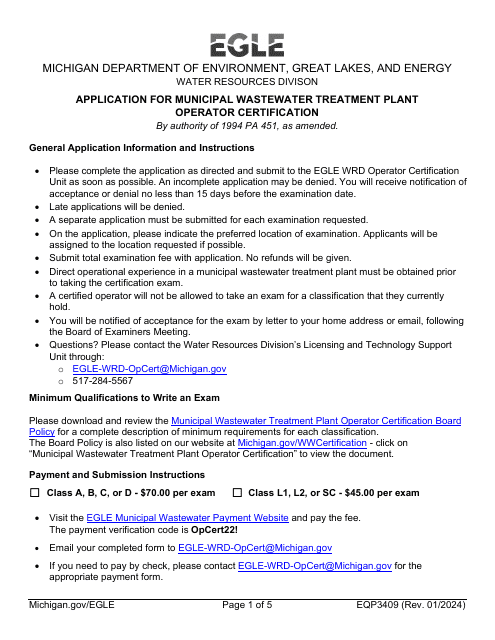 Form EQP3409 Application for Municipal Wastewater Treatment Plant Operator Certification - Michigan