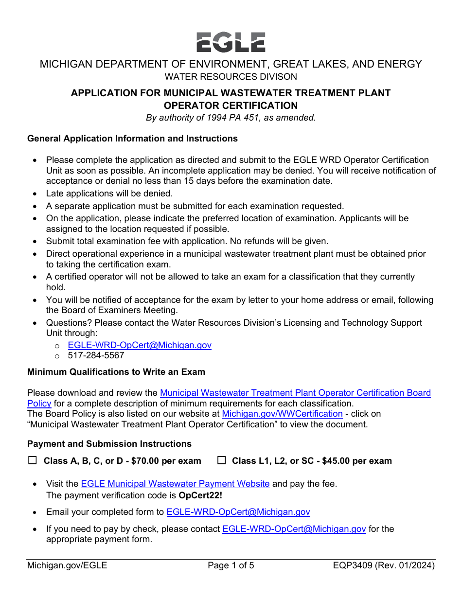 Form EQP3409 Application for Municipal Wastewater Treatment Plant Operator Certification - Michigan, Page 1