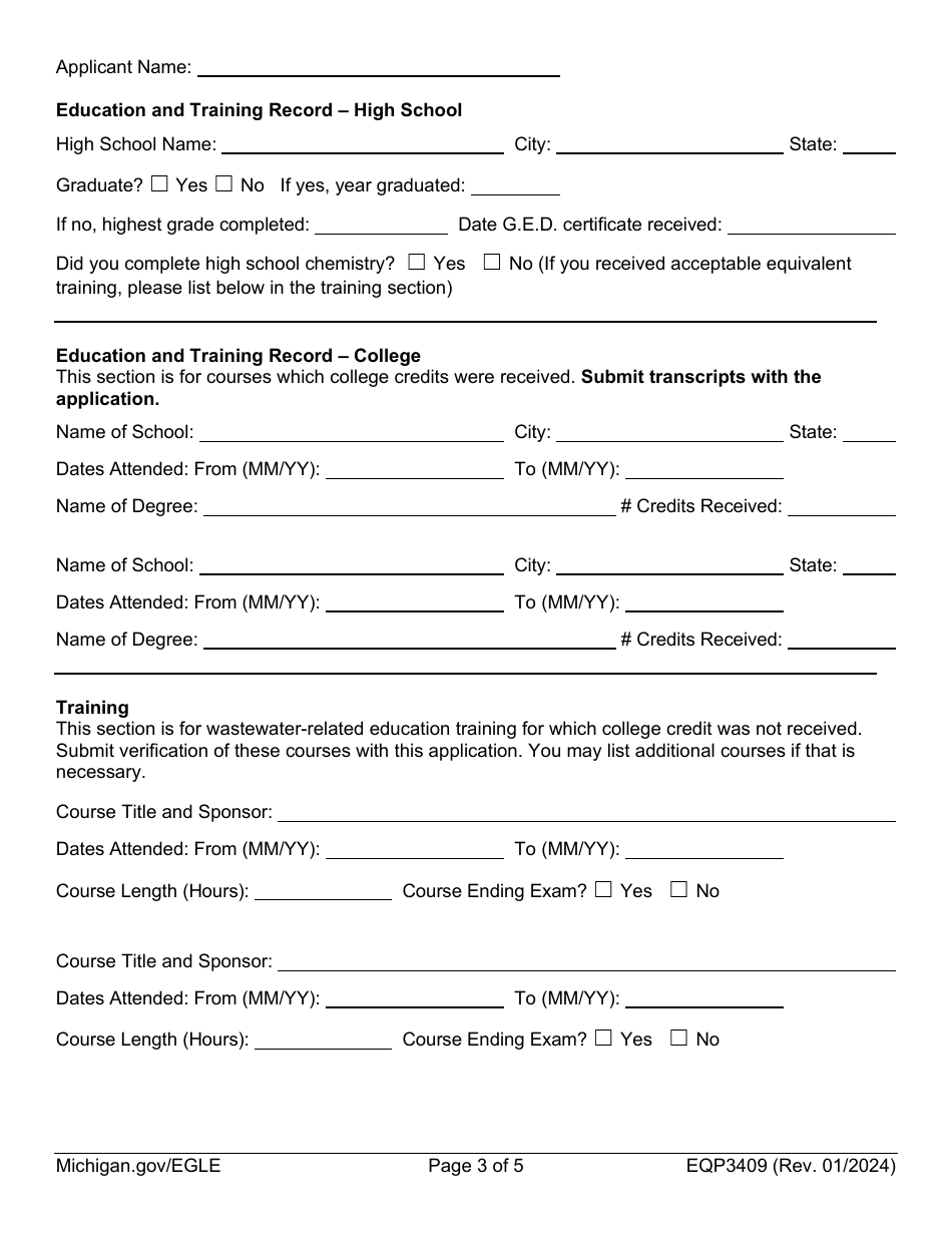 Form EQP3409 Application for Municipal Wastewater Treatment Plant Operator Certification - Michigan, Page 3