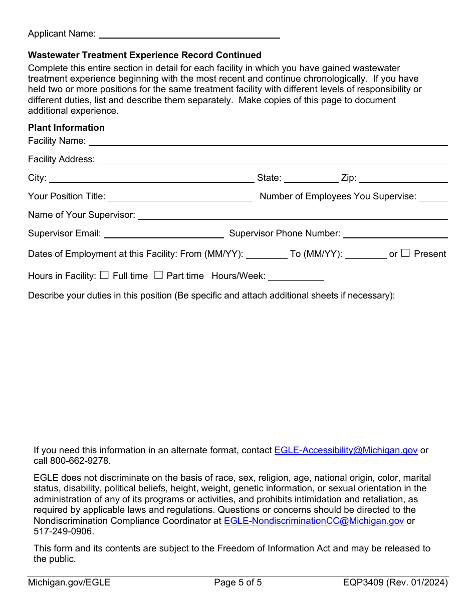 Form EQP3409 Application for Municipal Wastewater Treatment Plant Operator Certification - Michigan, Page 5