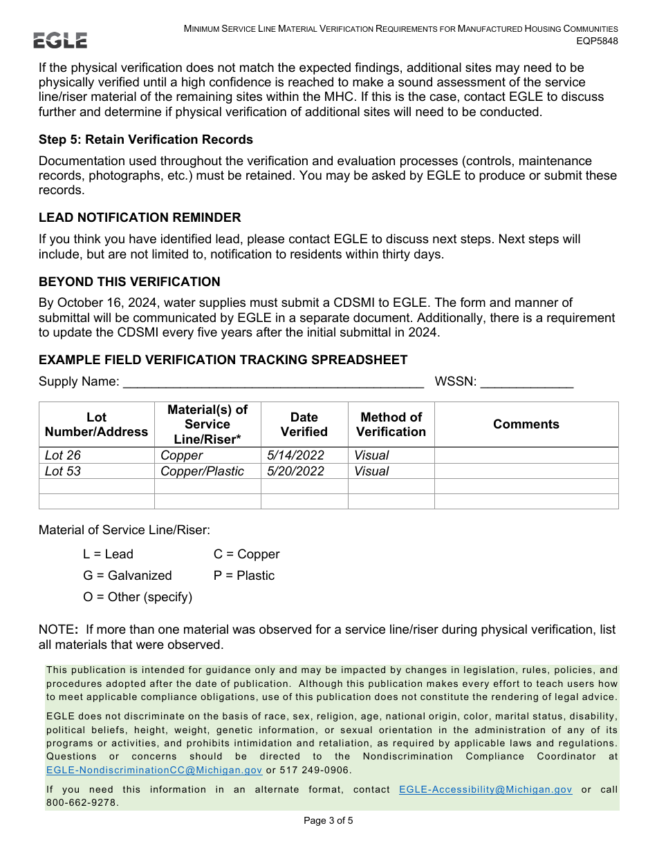 Form EQP5848 Minimum Service Line Material Verification Requirements for Manufactured Housing Communities - Michigan, Page 3