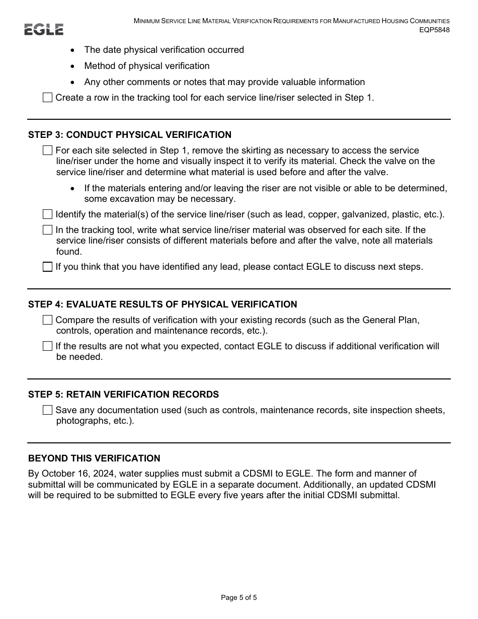 Form EQP5848 Minimum Service Line Material Verification Requirements for Manufactured Housing Communities - Michigan, Page 5