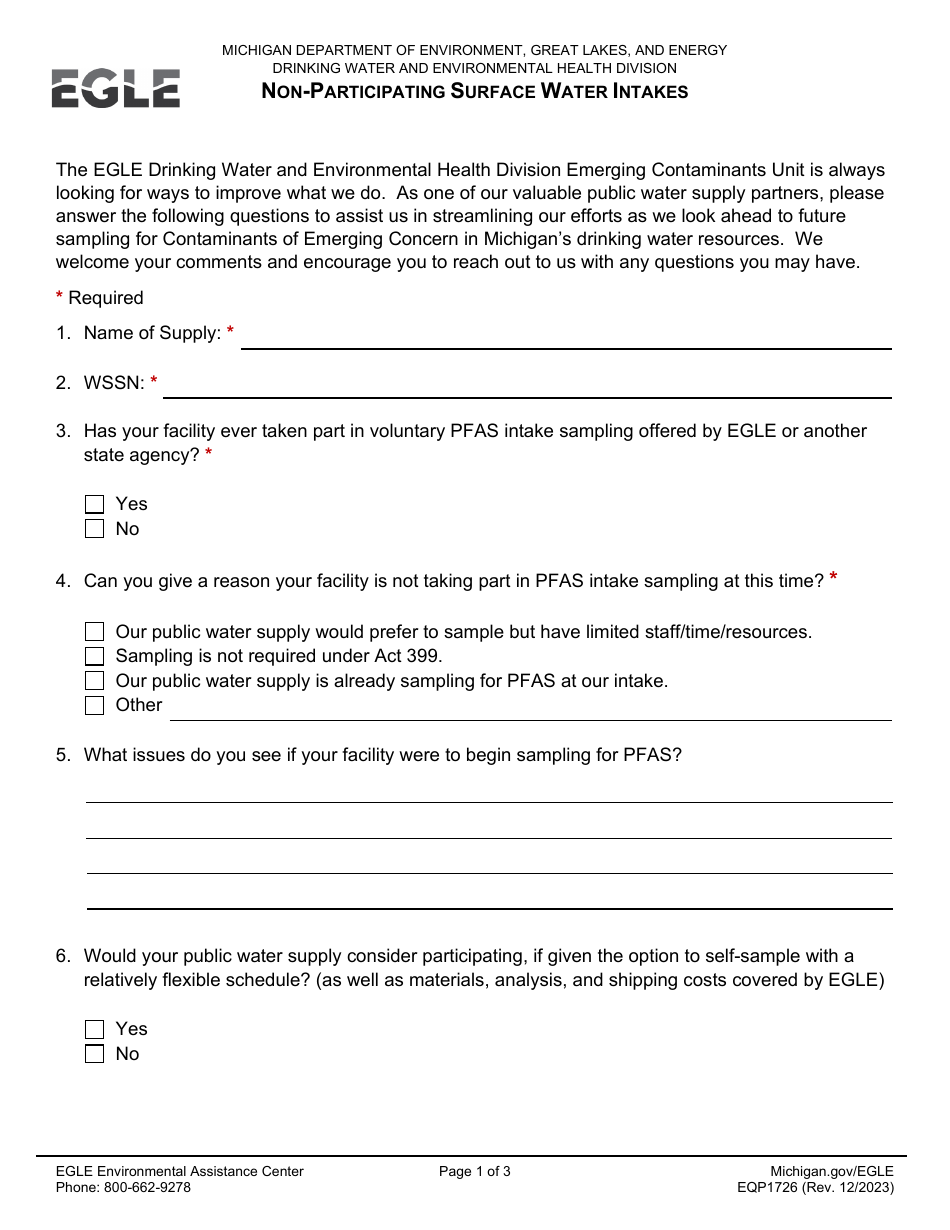 Form EQP1726 Non-participating Surface Water Intakes - Michigan, Page 1