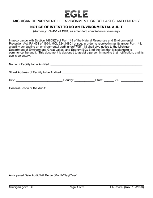 Form EQP3469 Notice of Intent to Do an Environmental Audit - Michigan