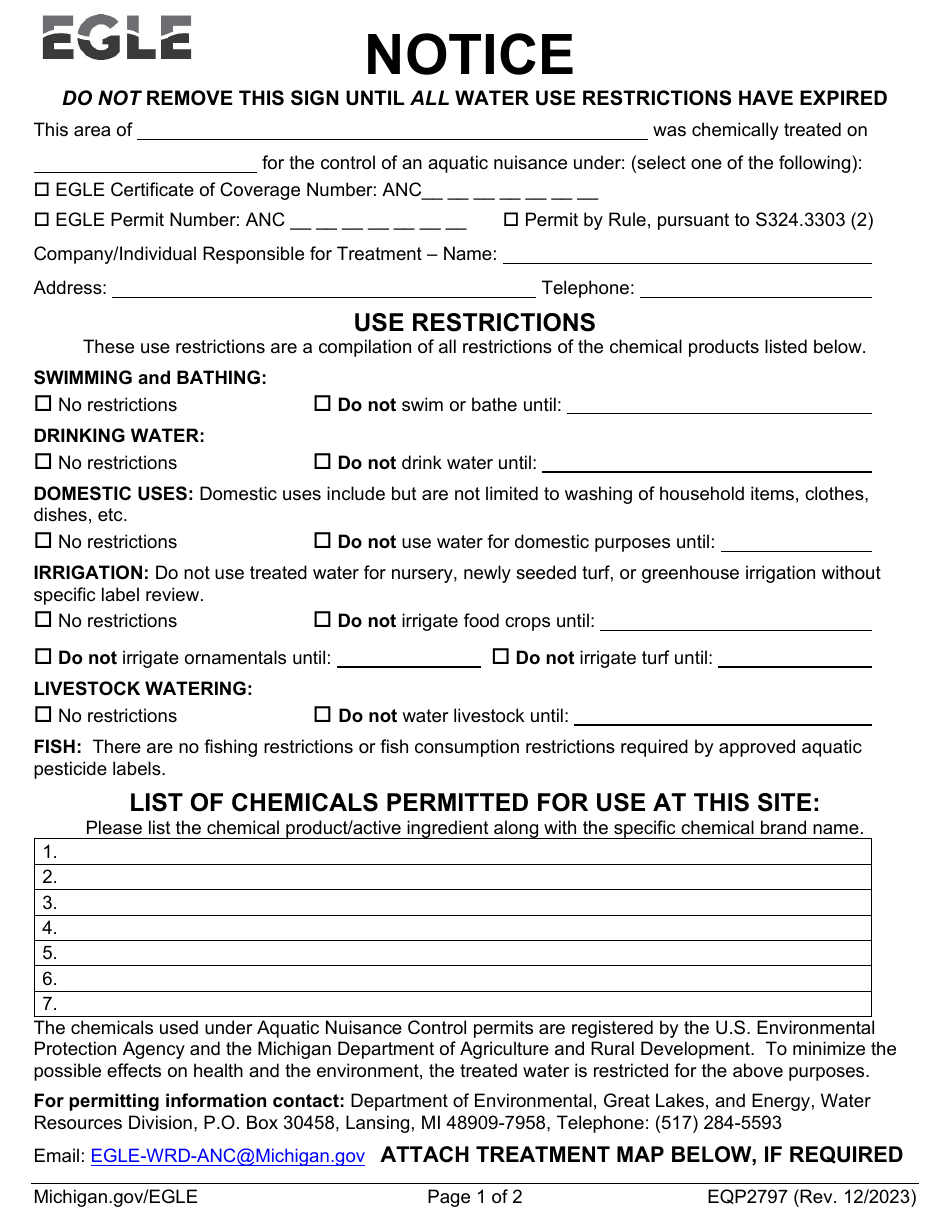 Form EQP2797 Notice of Chemical Treatment - Michigan, Page 1