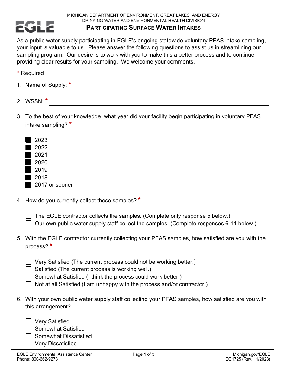 Form EQP1725 Participating Surface Water Intakes - Michigan, Page 1