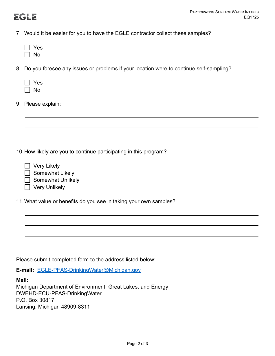Form EQP1725 Participating Surface Water Intakes - Michigan, Page 2