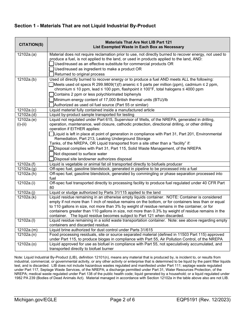Form EQP5191 Liquid Industrial by-Product Inspection - Michigan, Page 2
