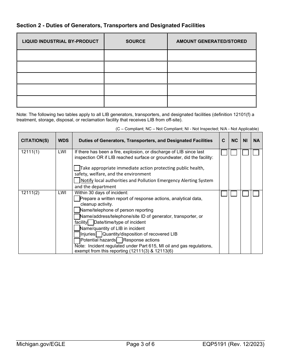 Form EQP5191 Liquid Industrial by-Product Inspection - Michigan, Page 3