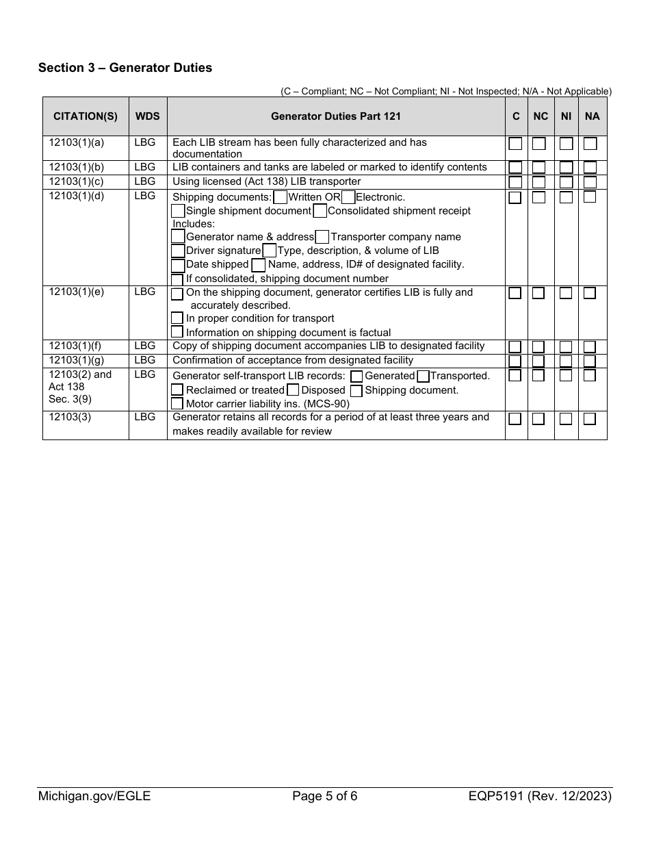 Form EQP5191 Liquid Industrial by-Product Inspection - Michigan, Page 5