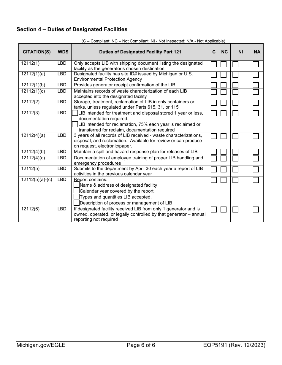 Form EQP5191 Liquid Industrial by-Product Inspection - Michigan, Page 6