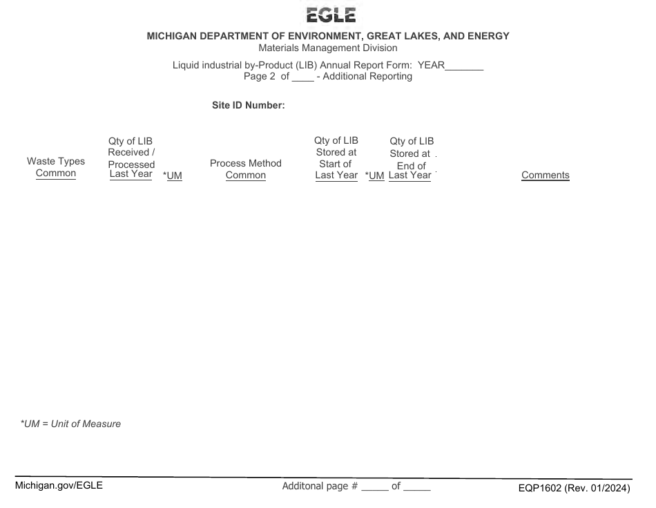 Form EQP1602 Liquid Industrial by-Product (Lib) Annual Report Form - Michigan, Page 2