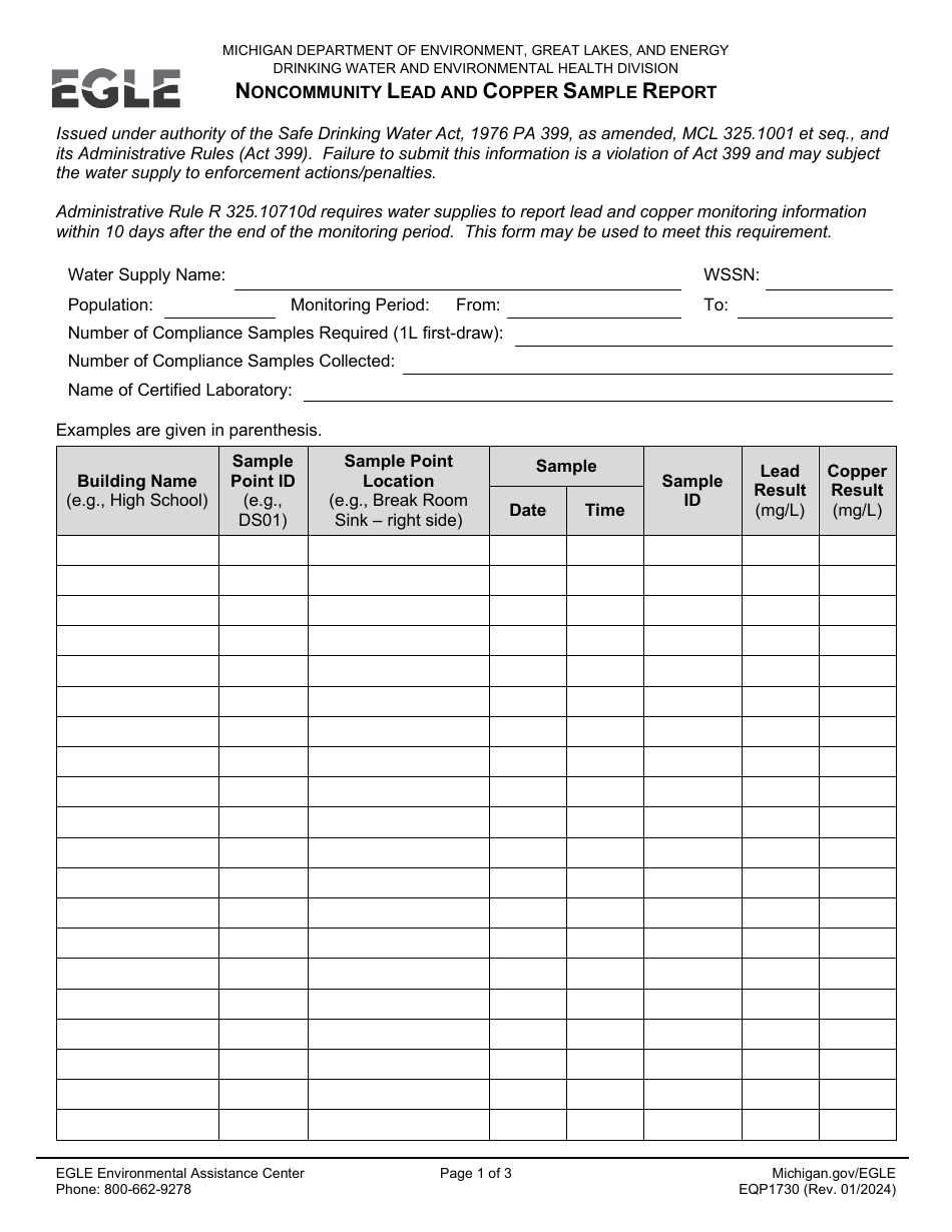 Form EQP1730 Noncommunity Lead and Copper Sample Report - Michigan, Page 1