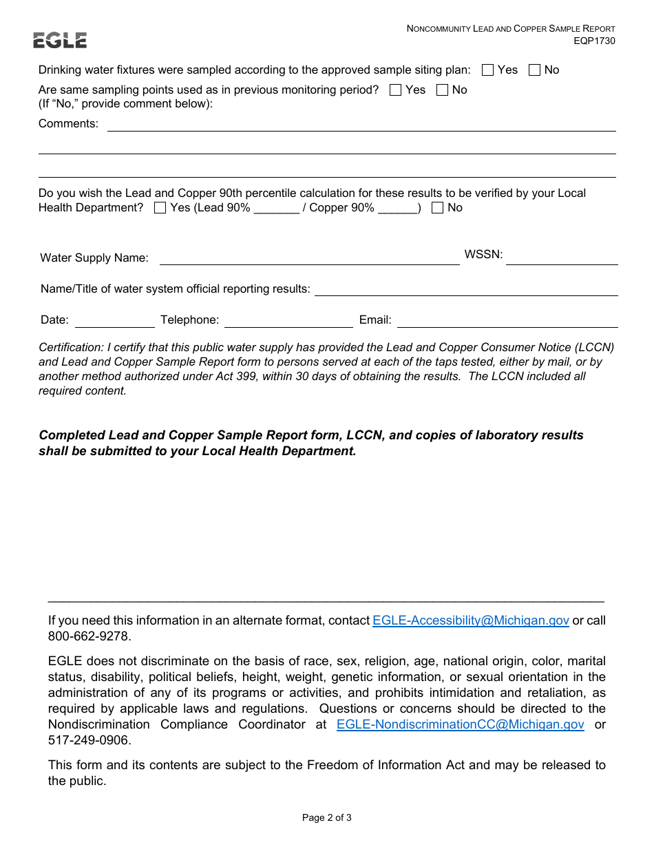 Form EQP1730 Noncommunity Lead and Copper Sample Report - Michigan, Page 2