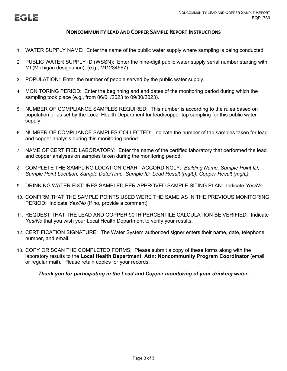 Form EQP1730 Noncommunity Lead and Copper Sample Report - Michigan, Page 3