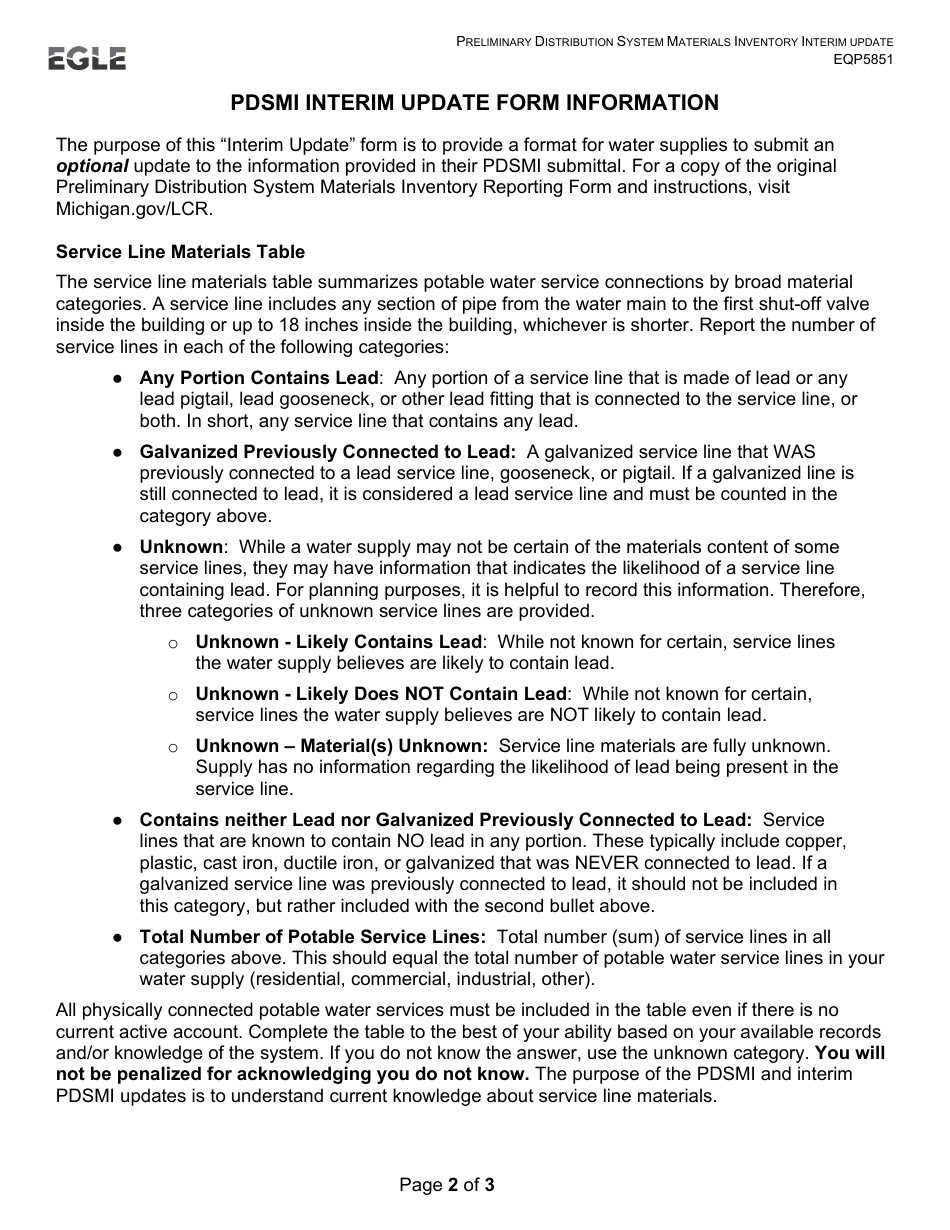 Form EQP5851 Preliminary Distribution System Materials Inventory (Pdsmi) Interim Update - Michigan, Page 2