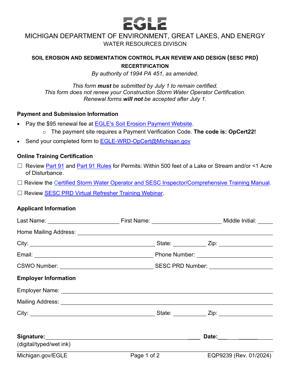 Form EQP9239 Soil Erosion and Sedimentation Control Plan Review and Design (Sesc Prd) Recertification - Michigan, Page 1