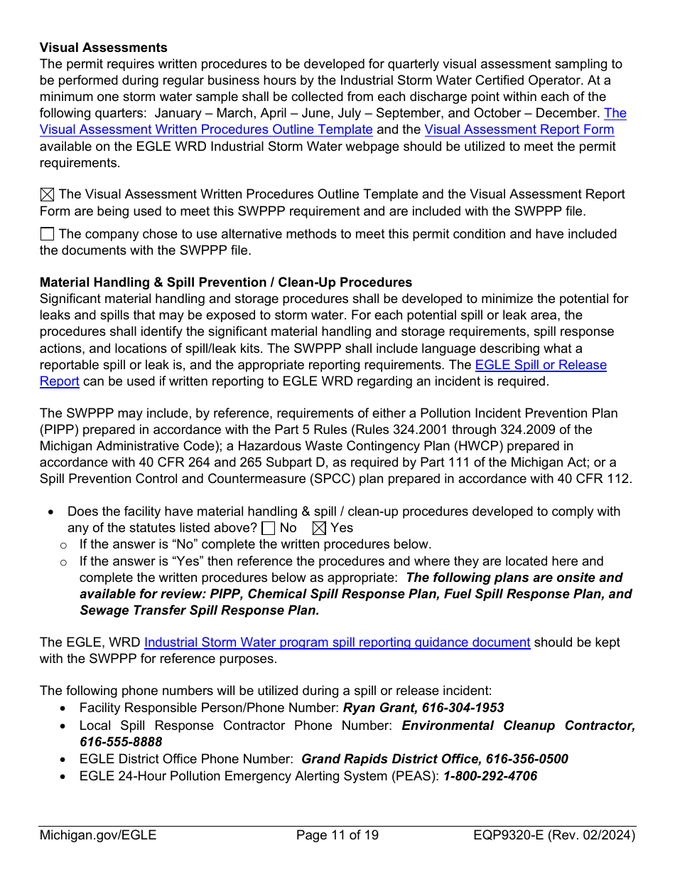 Form EQP9320-E Sample Storm Water Pollution Prevention Plan Template - Michigan, Page 11