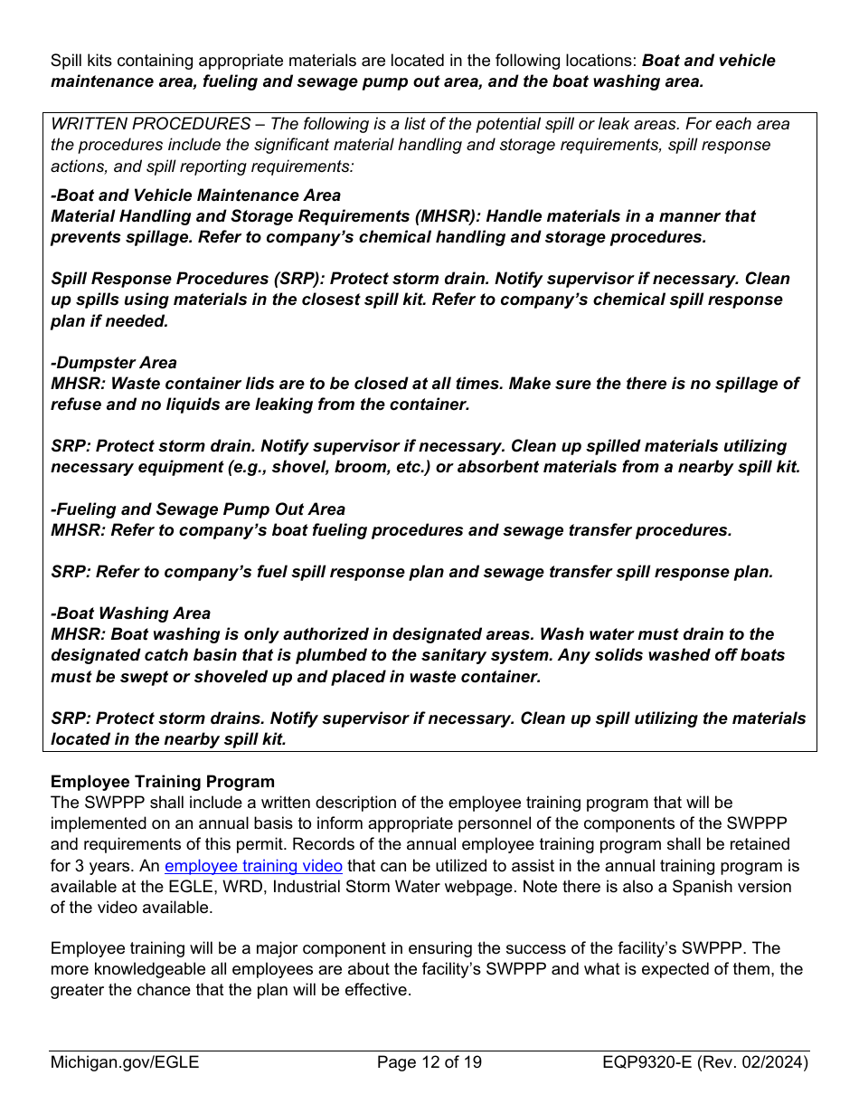 Form EQP9320-E Sample Storm Water Pollution Prevention Plan Template - Michigan, Page 12