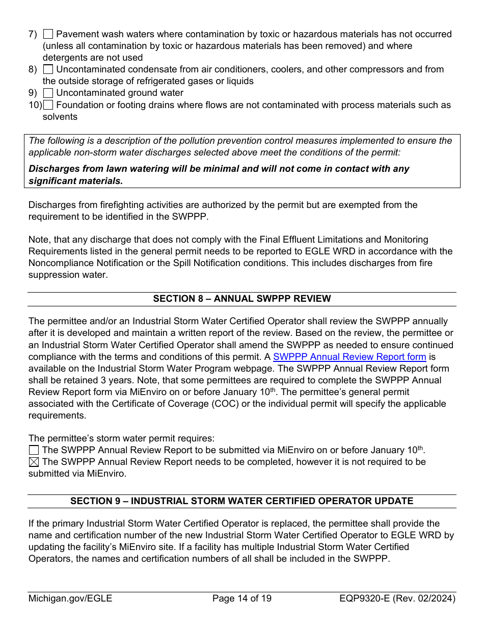 Form EQP9320-E Sample Storm Water Pollution Prevention Plan Template - Michigan, Page 14