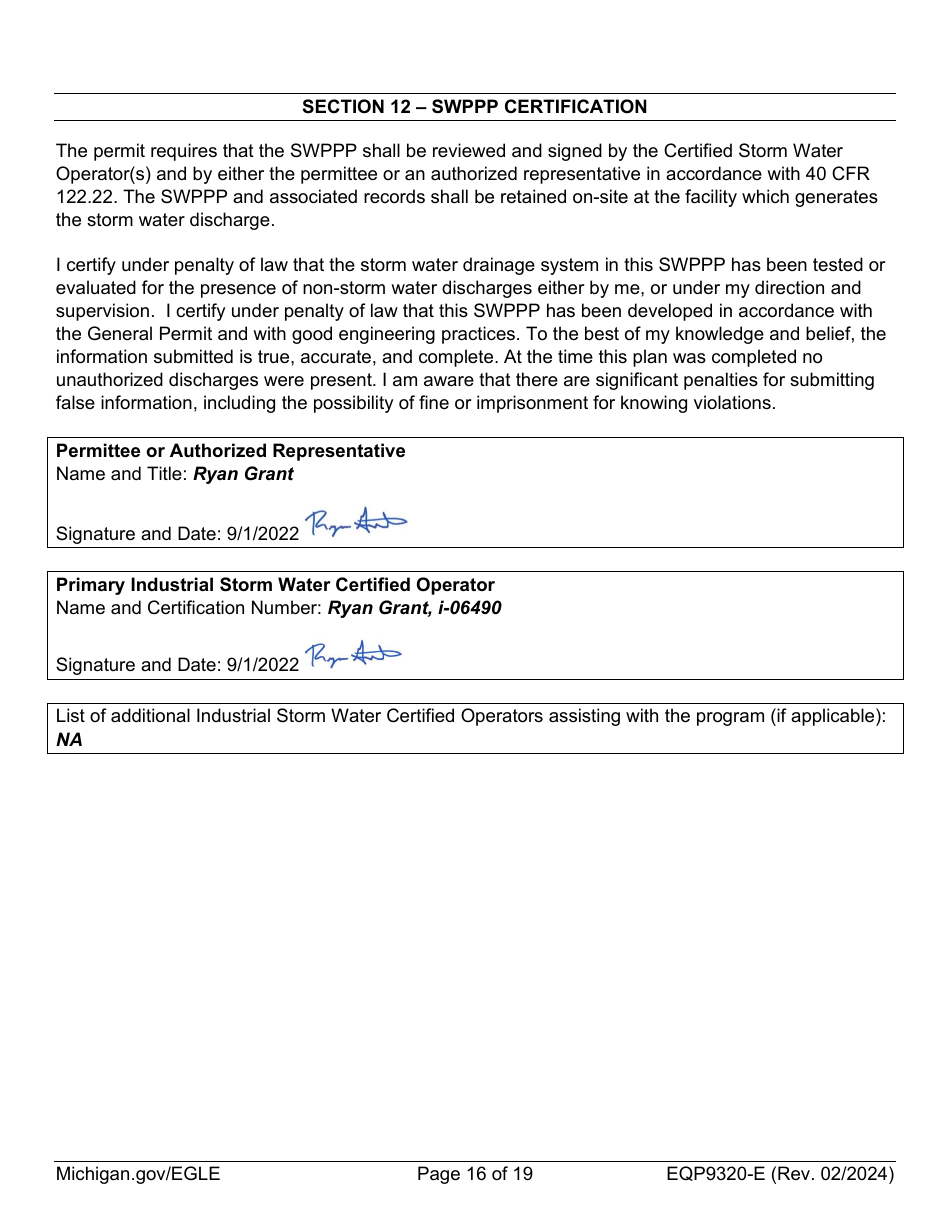 Form EQP9320-E Sample Storm Water Pollution Prevention Plan Template - Michigan, Page 16