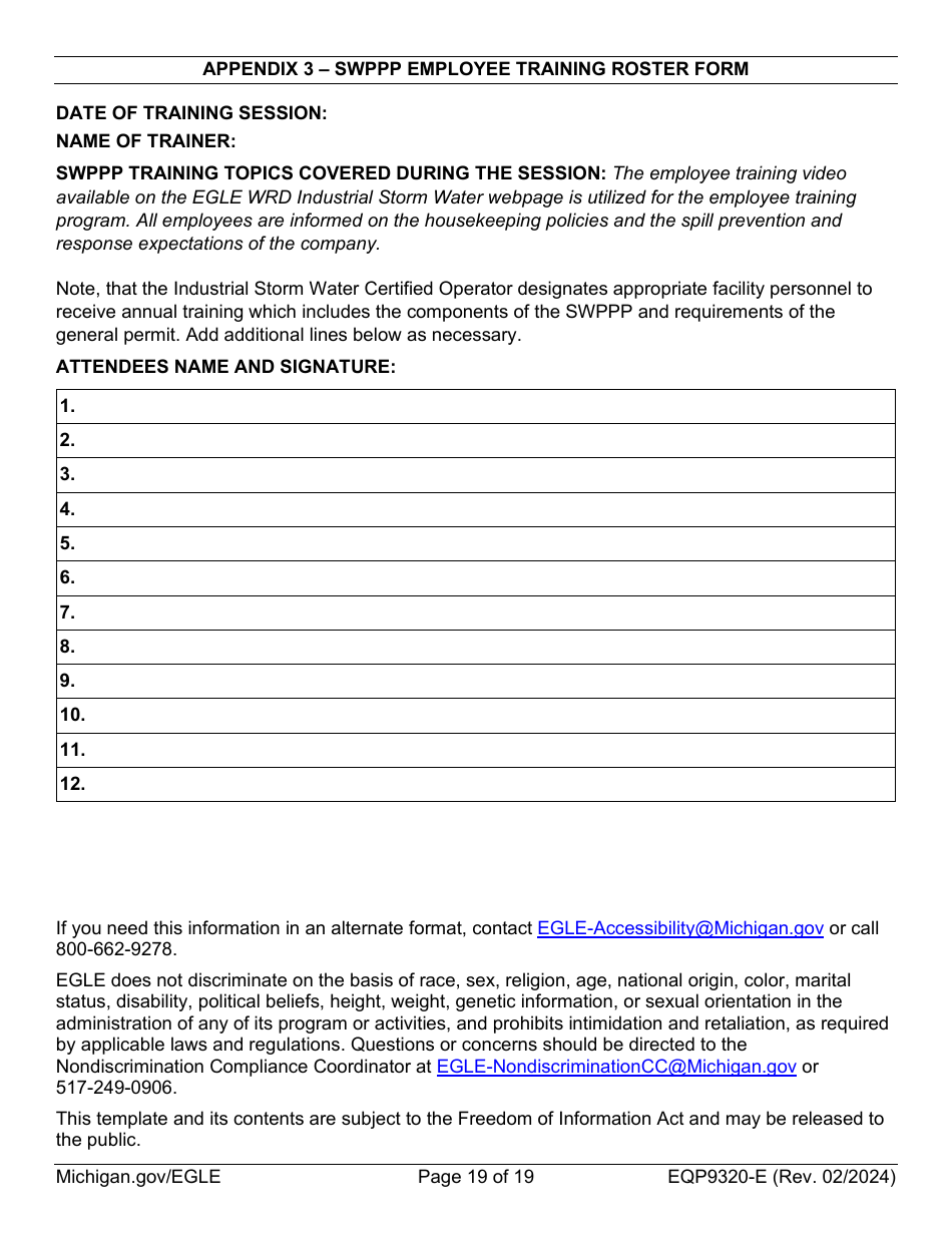 Form EQP9320-E Sample Storm Water Pollution Prevention Plan Template - Michigan, Page 19