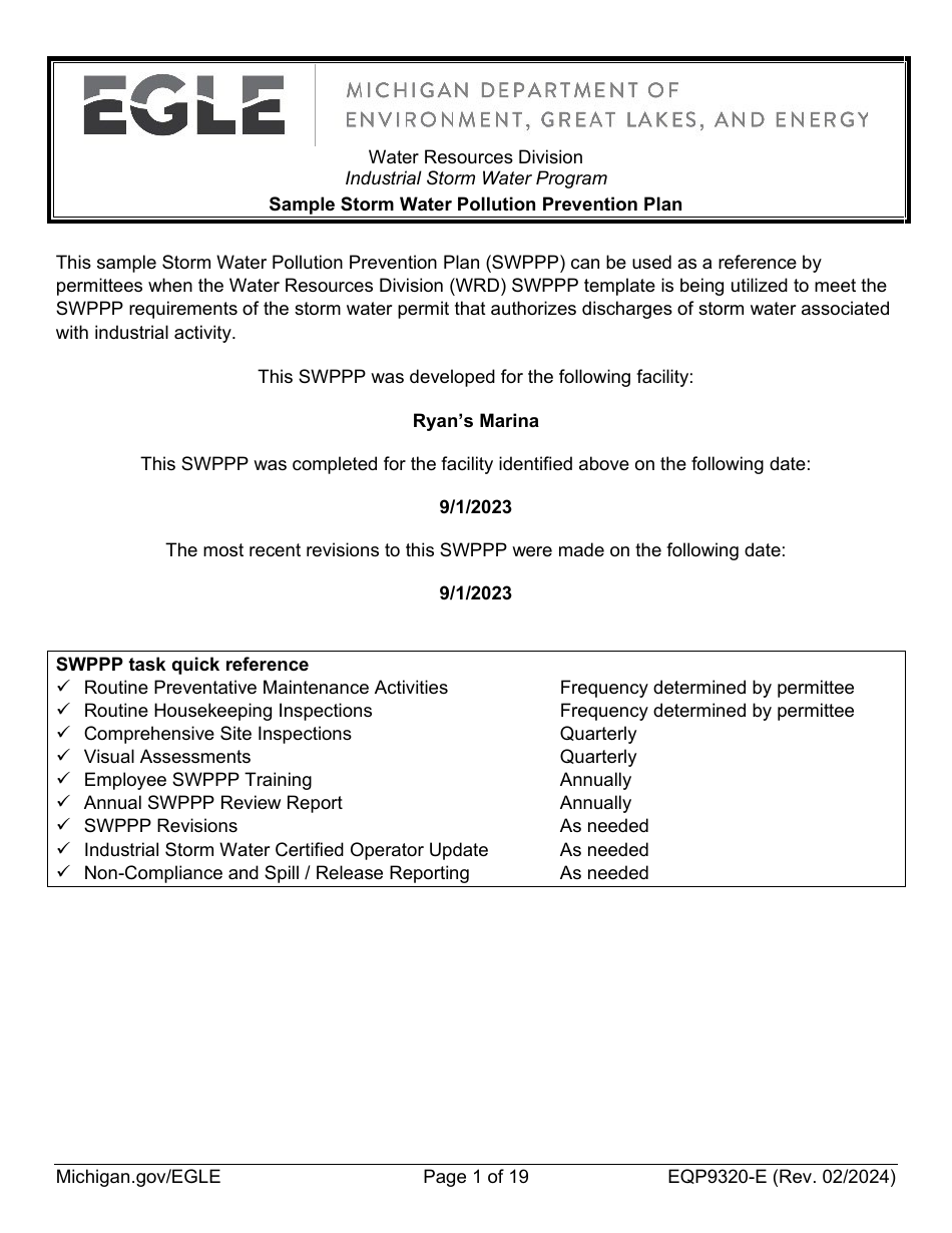 Form EQP9320-E Sample Storm Water Pollution Prevention Plan Template - Michigan, Page 1