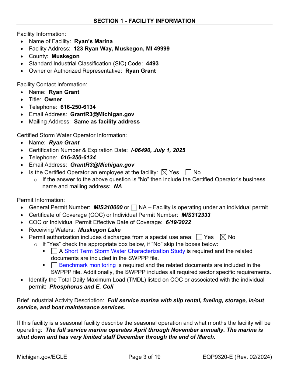 Form EQP9320-E Sample Storm Water Pollution Prevention Plan Template - Michigan, Page 3