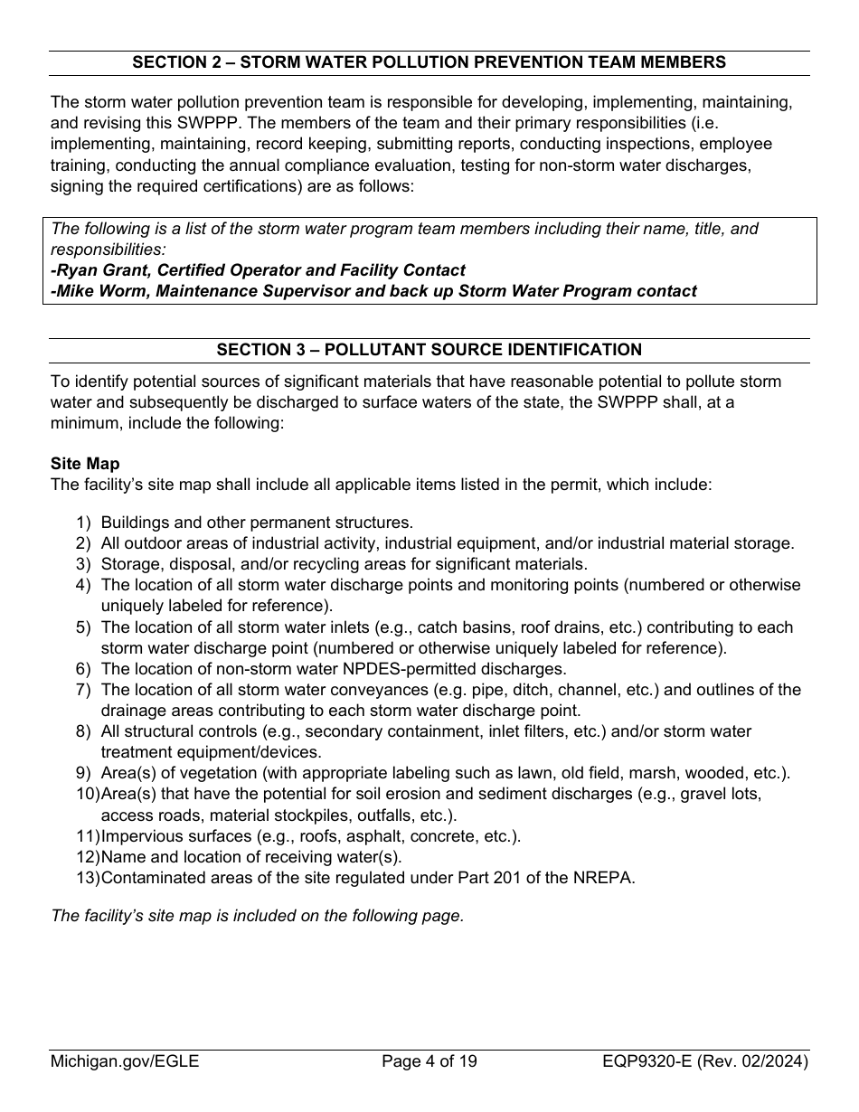 Form EQP9320-E Sample Storm Water Pollution Prevention Plan Template - Michigan, Page 4
